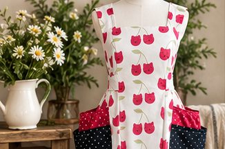 Cherry print apron with polka dot pockets on a dress form