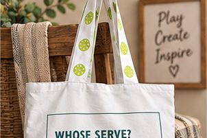 Natural canvas pickleball tote bag hanging on a wooden chair