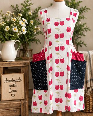 Cream apron in a red cherry print with navy polka dot pockets and a ruffled hem