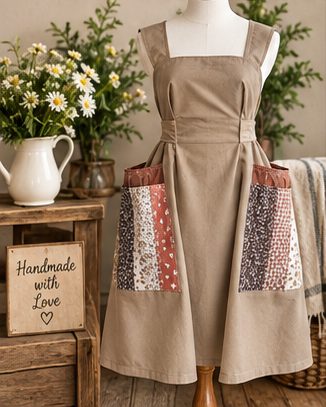 Tan apron with pieced brown and cream floral patchwork pockets