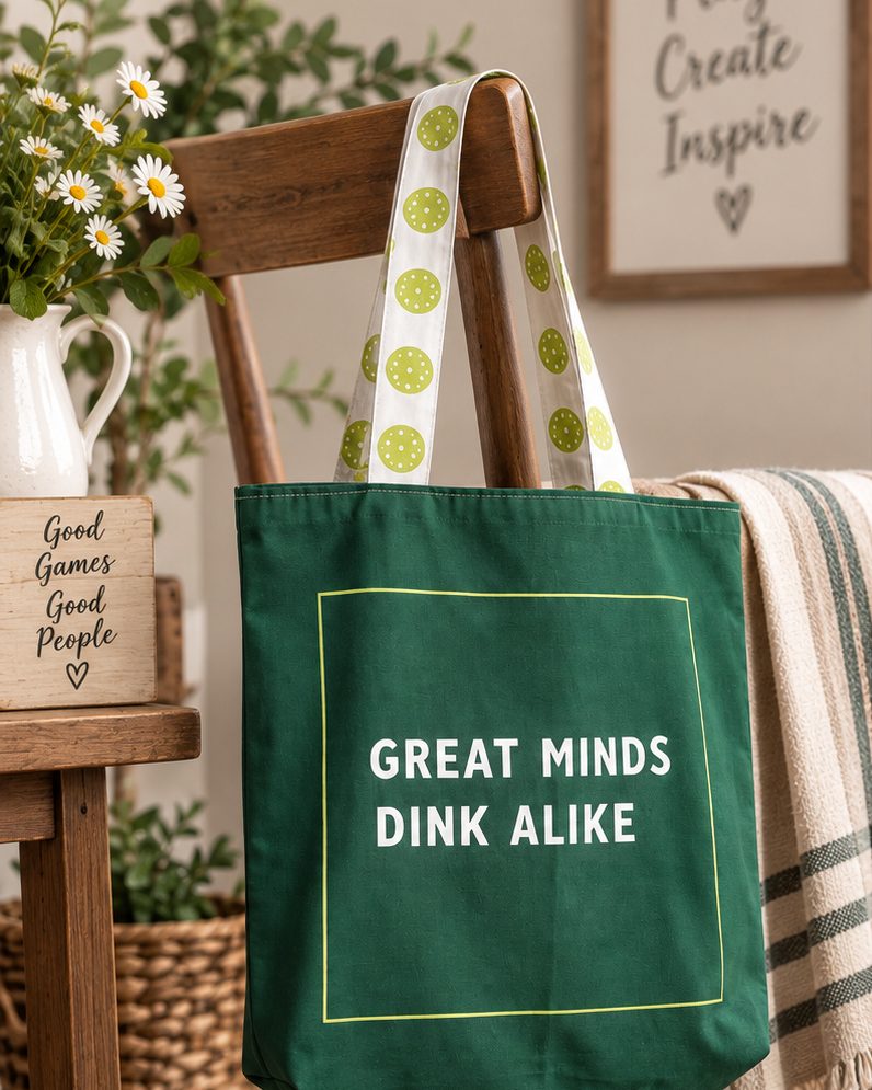 Deep green canvas tote reading Great Minds Dink Alike, hanging on a wooden chair